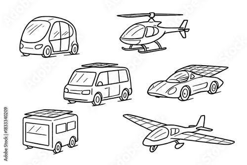 Futuristic Solar Mobility Concepts. Line style icons of future solar mobility concepts: autonomous solar pod, solar air taxi