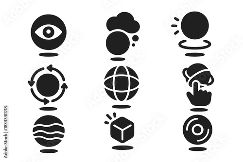 Interactive Orbs Icons. Solid style icons of floating interactive orbs: observer-activated sphere, hovering thought bubble,