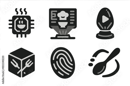 Futuristic Culinary Icons. Solid style icons of futuristic food memory: glowing meal chip, holographic recipe archive,
