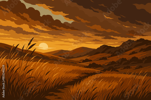 Moody Sunset Grasslands. Golden grasslands under a moody sunset, warm earthy tones with dramatic shadows, tranquil and rugged,