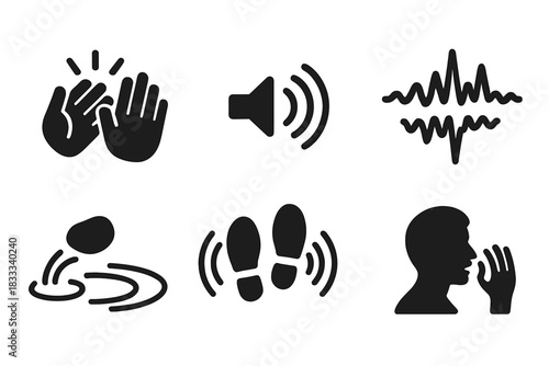 Echo Testing Icons. Solid style icons of echo testing activities: clapping icons, sound release, waveform burst. Stone throw
