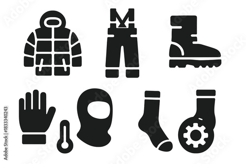Thermal Clothing Icons. Solid style icons of thermal clothing for explorers: insulated jacket glyph, snow pants icon, boot badge.