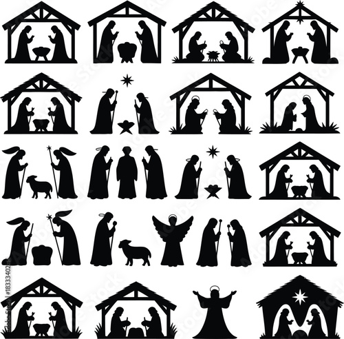 Collection of silhouette nativity scenes with stable and figures