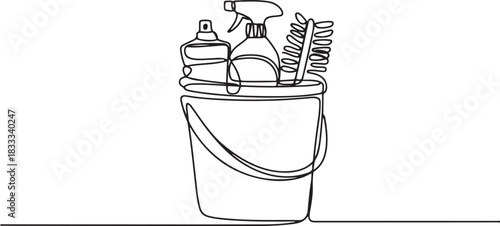 Bucket with cleaning supplies in one continuous line drawing. Cleanup and washing concept in simple linear style. Household and housekeeping symbol in editable stroke. one line Icon drawing