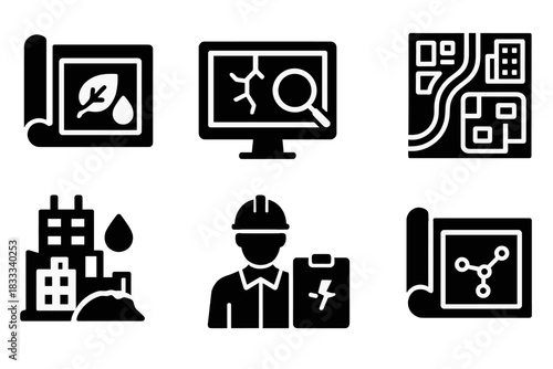 Innovative Civil Engineering. Solid style icons of civil engineering planning: blueprint with healing layer, CAD design with crack