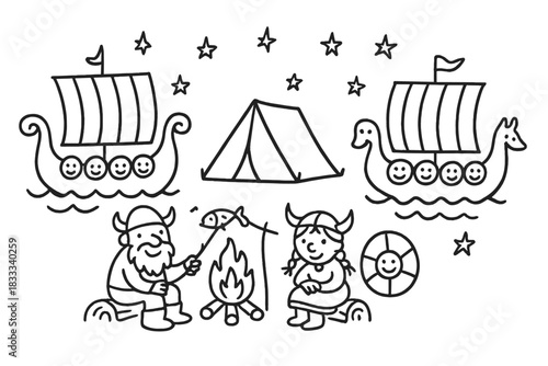 Viking Camp Doodle. Playful doodle Viking camp with smiling longships, cheerful shields with faces, characters roasting fish by a