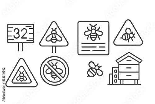 Apiary Signage Icons. Line style icons of apiary signage and labels: hive number marker, bee zone sign, pollinator info board,