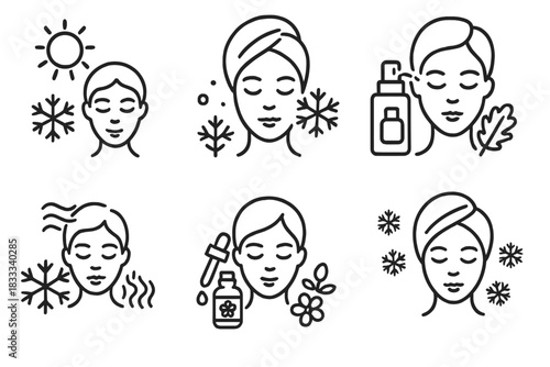 Seasonal Cryo Facial Icons. Line style icons of seasonal cryo facials: summer chill-down face, winter frost spa icon, autumn skin