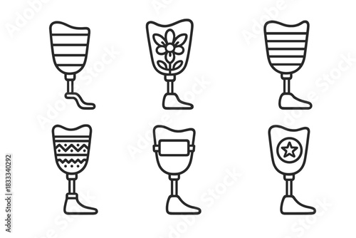 Prosthetic Identity Icons. Line style icons of prosthetics and identity: gender flag limb design, cultural motif socket,
