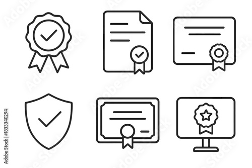 CBE Certification Icons. Line style icons of CBE certification and recognition: accredited badge, official transcript file,
