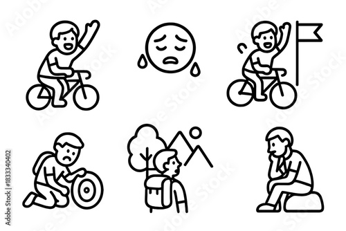 Emotional Journey Icons. Line style icons of emotional journey stages: excitement before ride, exhaustion face, joy reaching