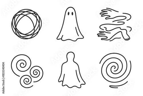 Surreal Light Icons. Line style icons of surreal light painting: levitating glow orb, phantom shape light, floating limbs in trail