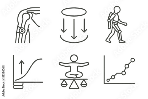 Biomechanics Exosuit Icons. Line style icons of biomechanics in exosuits: human joint diagram, force distribution icon, natural