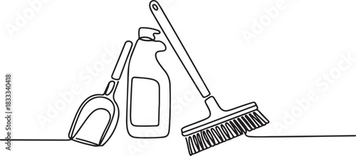 Set of cleaning tools one line continuous drawing. Squeegee cleaning glass, scoop continuous one line illustration. one line Icon drawing