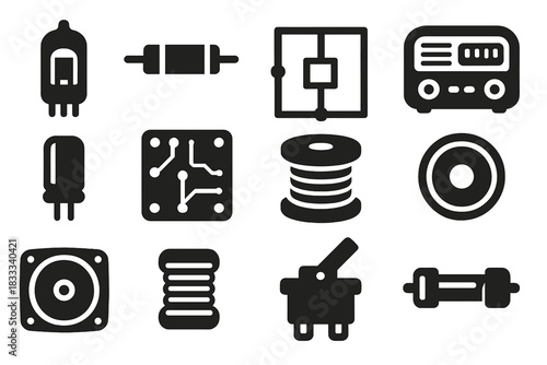 Vintage Electronics Icons. Solid style icons of Vintage Electronics: Vacuum Tube, Resistor, Schematic, Old Radio, Capacitor,