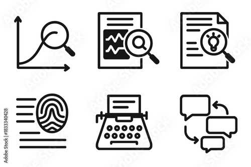 Forensic Linguistics Icons. Line style icons of Forensic Linguistics: authorship probability graph, linguistic pattern detector,