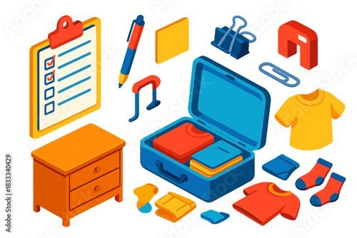 Vibrant Travel Essentials. Isometric vector illustration set Travel gear – packing checklist on clipboard, pen, sticky notes;
