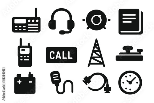 Radio Enthusiast Icons. Solid style icons of Radio Enthusiasts: Ham Radio, Headset, Tuning Knob, Logbook, Portable Transmitter,