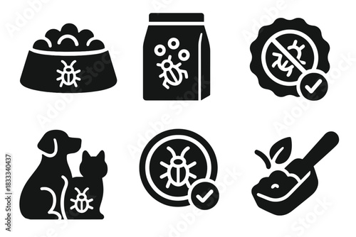 Insect Protein Pet Icons. Solid style icons of insect protein for pets: pet bowl with bug icon, cricket-based kibble,