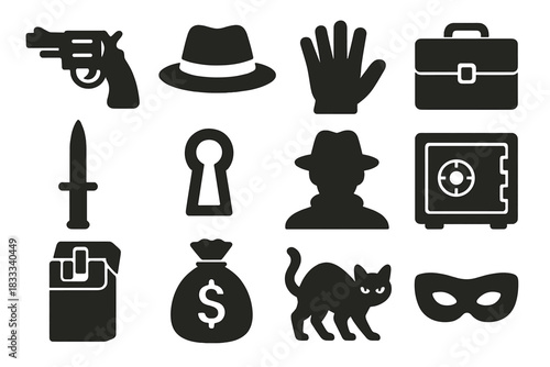 Crime Icon Set. Solid style icons of Crime Streets: Revolver, Fedora Hat, Gloved Hand, Briefcase, Dagger, Keyhole, Shadow, Safe,