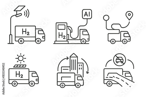 Hydrogen Trucks in Smart City. Line style icons of hydrogen trucks in smart cities: truck under smart light pole, connected H2
