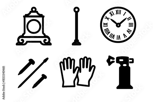 Antique Clock Restoration. Line style icons of Antique Restoration: gilded clock base, base support rod, old dial face, fixing