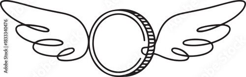 Hand drawn one line vector. Continuous line drawing of coin with wings. Flying money. Economy, finance, money pictogram. Wealth symbol. one line Icon drawing