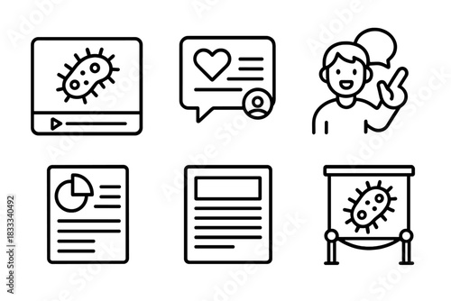 Media Icons on Microbes. Line style icons of cultural response and media: documentary on microbes, social media post icon,