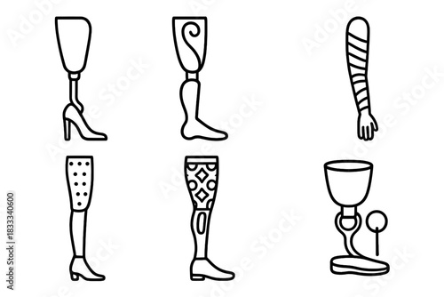 Stylish Prosthetic Icons. Line style icons of fashion-forward prosthetics: high-heel-compatible leg, designer-styled cover, fabric