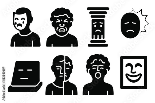 Emotional Meme Icons. Solid style icons of emotional meme reactions: crying bust with mask, laughter-through-pain statue, layered