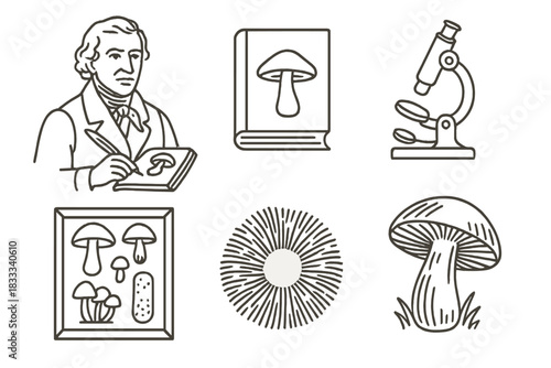 Historical Mycology Icons. Line style icons of historical mycology: pioneer mycologist sketch, old field guide, early microscope