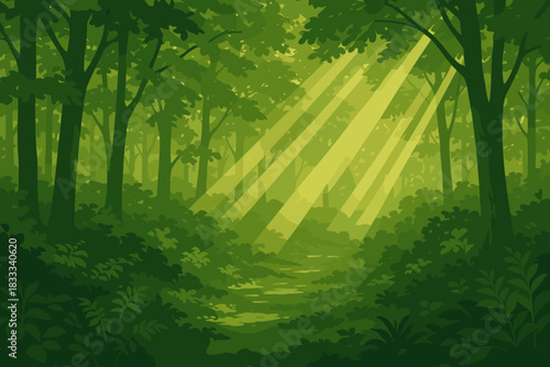 Sunlit Forest Serenity. Dense green forest with rays of sunlight streaming through the trees, serene vector illustration and