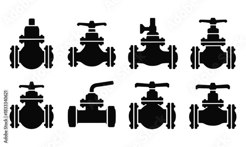 Eight Black Valve Icons with Diverse Styles on White Background