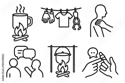 Post-Climb Recovery Icons. Line style icons of post-climb recovery: hot drink by fire, gear drying line, muscle massage icon,