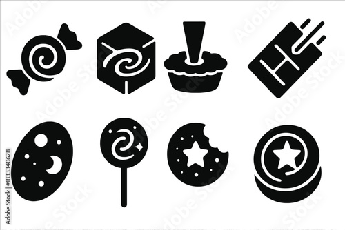 Sci-Fi Snack Icons. Solid style icons of sci-fi snack concepts: time-loop candy, galaxy swirl cube, teleport tart. Space-beam bar,