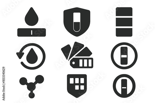 pH Dye Icon Set. Solid style icons of pH-sensitive dyes: droplet test icon, litmus badge, acidic shift panel. Neutral-to-base loop