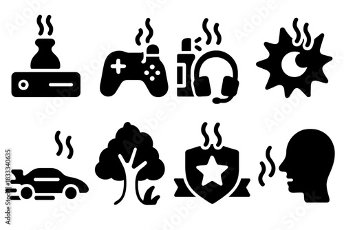 Gaming Scents Icons. Solid style icons of gaming with scent: console with scent emitter, joystick + aroma spray, gamer headset