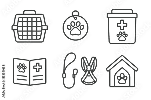Pet Preparedness Icons. Line style icons of pet preparedness: pet crate icon, animal ID tag, emergency pet food kit, pet medical