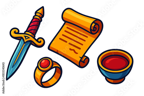 Initiation Ceremony Symbols. Isometric vector illustration set Initiation Ceremony Items: Ornate dagger for pact, ancient scroll