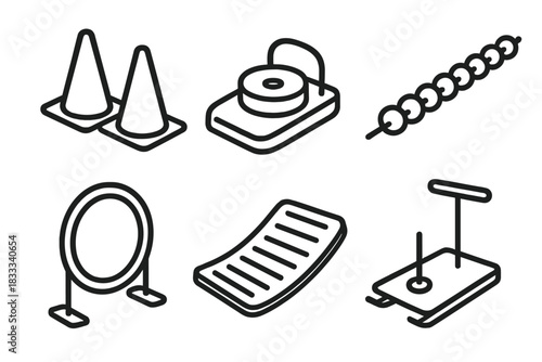 Training Equipment Icons. Line style icons of training equipment: underwater cones, weighted puck trainer, swim lane divider,