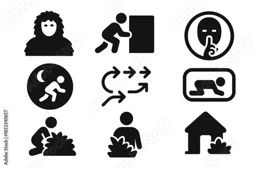 Stealth Icon Set. Solid style icons of stealth and camouflage lessons: ghillie suit glyph, shadow icon, silence badge. Night op