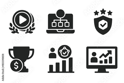 Gaming DAO Icons. Solid style icons of DAOs in gaming: play-to-earn DAO token, in-game governance icon, guild vote badge. Game