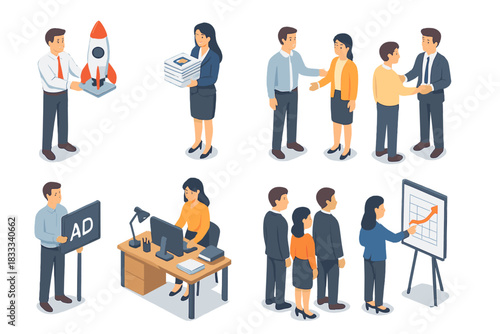 Isometric Business Scene. Isometric vector illustration set of Business People: startup founder with prototype, recruiter with