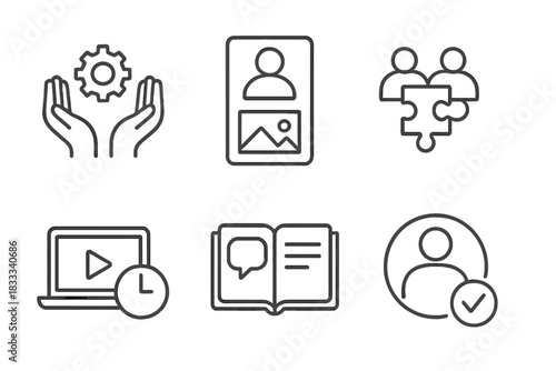 CBE Learning Icons. Line style icons of CBE learning activities: hands-on task icon, real-life scenario card, collaborative
