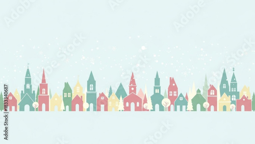 Charming winter village scene with falling snowflakes, perfect for holiday cards, festive decorations, and creating a warm, inviting atmosphere this season
