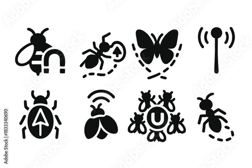 Insect Navigation Icons. Solid style icons of insect navigation with magnetism: bee with magnetic vector icon, ant path with