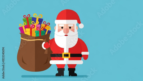 AIzaSyAcxTIq1OmbBJVJ_BeAgakjS_nE3ImZFMs Santa Claus with a sack full of gifts flat vector illustration for Christmas and New Year holiday design isolated on blue background AIzaSyAcxTIq1OmbBJVJ_BeAgak