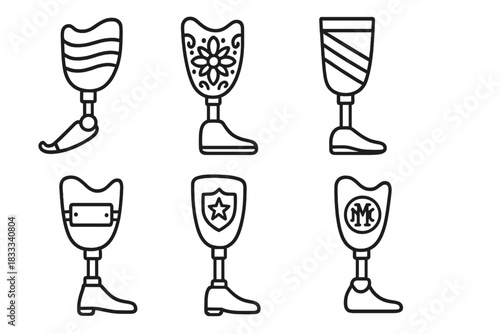 Prosthetic Identity Icons. Line style icons of prosthetics and identity: gender flag limb design, cultural motif socket,