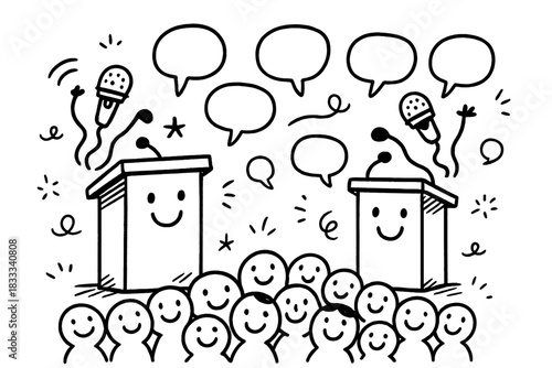 Whimsical Debate Scene. Whimsical doodle debate stage with smiling podiums, cartoon microphones waving, cheerful audience with