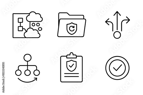 Contingency Planning Icons. Line style icons of contingency planning: scenario mapping icon, backup plan folder, what-if arrows,